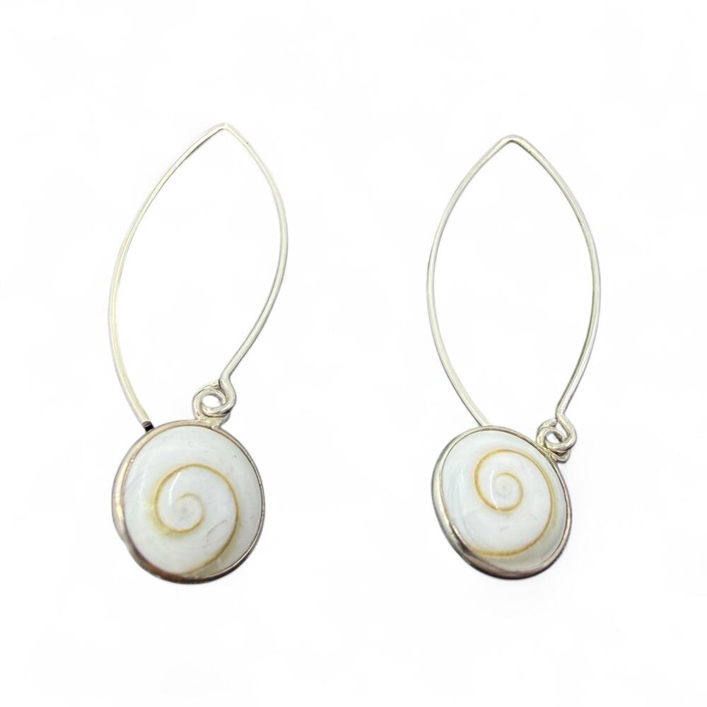 Shiva Shell Dangle Earrings Long Hook 925 Sterling Silver Artisan Crafted